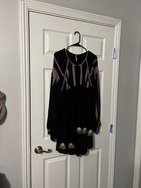 Free People Black Long Sleeve Embroidered Mini Dress with Pink & Yellow Accents